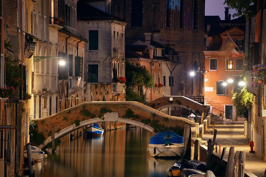 Venice canal night bridge #7 Photograph by Songquan Deng