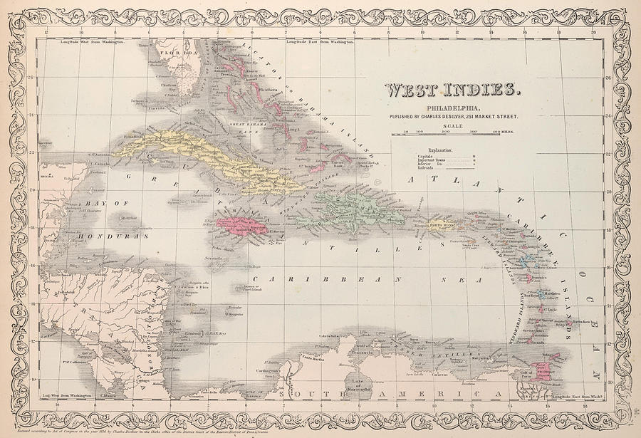 Vintage Map of The Caribbean Drawing by CartographyAssociates  Fine 