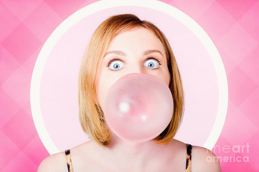 Woman Blowing Bubble With A Pink Bubble Gum And Pop Speech Bubble