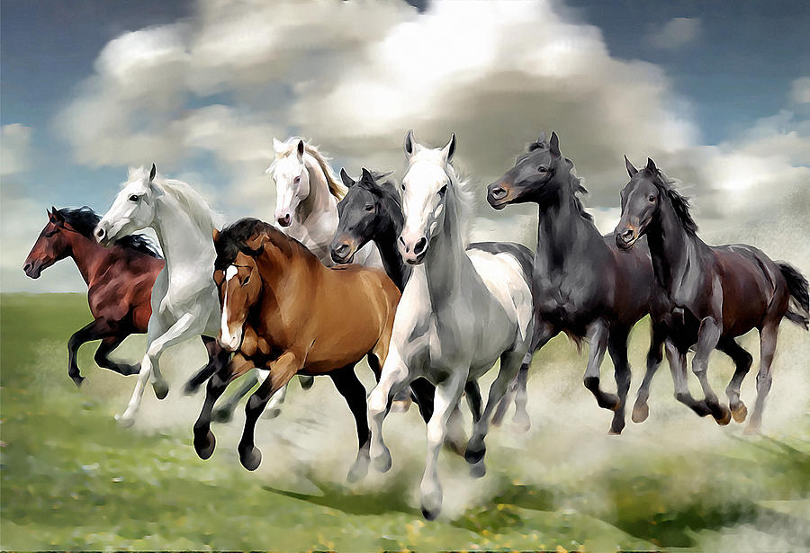 Horse Painting - 8 Horses Running by Yadi Sudjana