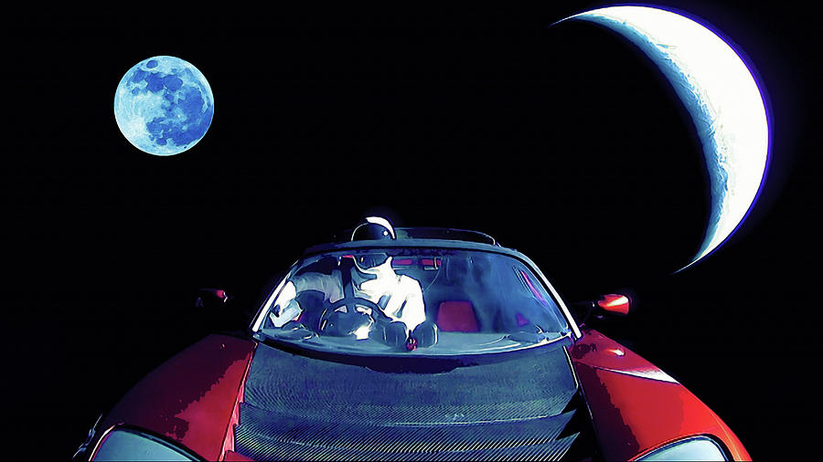 Starman In Tesla Roadster With Planet Earth traveling in the Space #8 Painting by Celestial Images