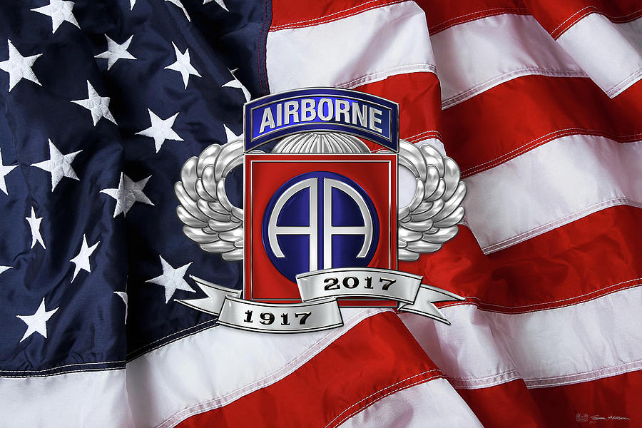 Military Digital Art - 82nd Airborne Division 100th Anniversary Insignia over American Flag  by Serge Averbukh