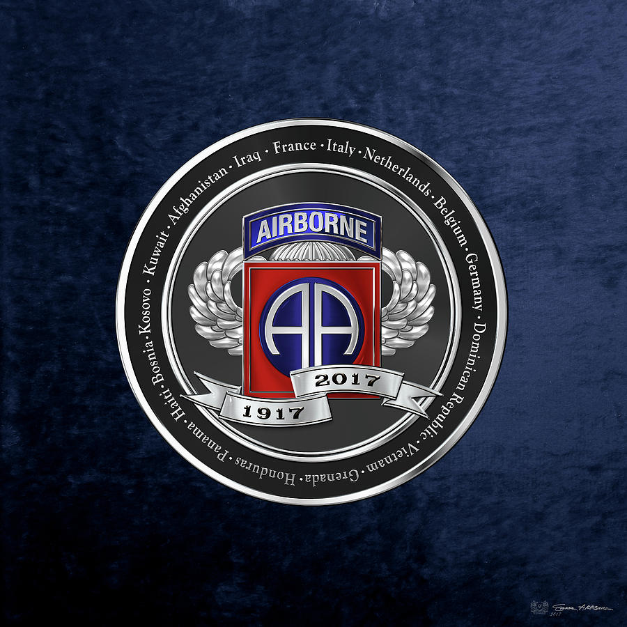 82nd Airborne Division 100th Anniversary Medallion over Blue Velvet Digital Art by Serge Averbukh
