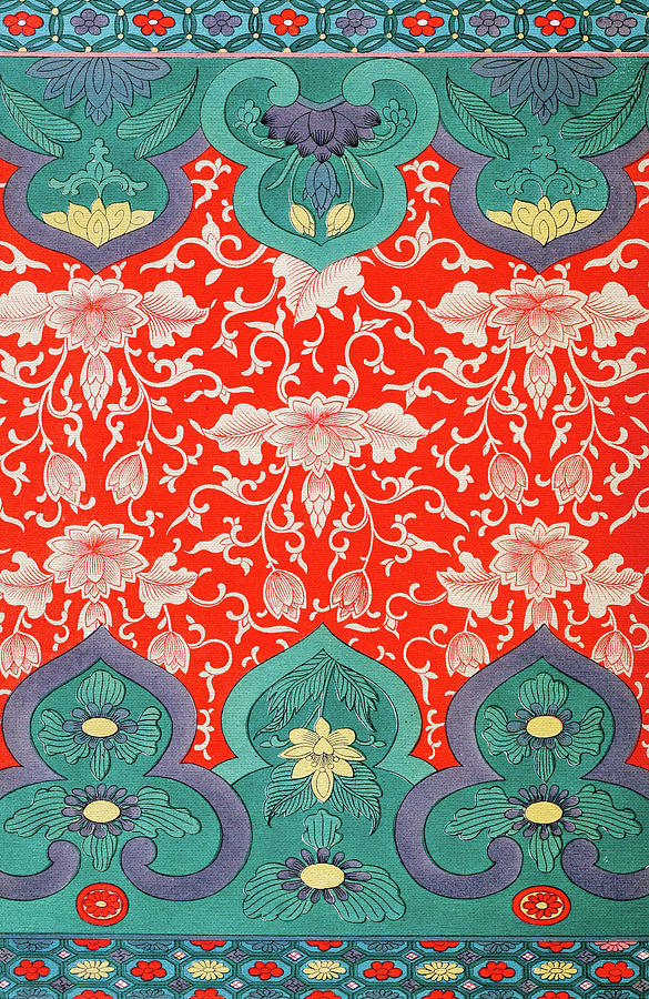Green And Red Flower Art Pattern - Traditional Asian Illustration ...