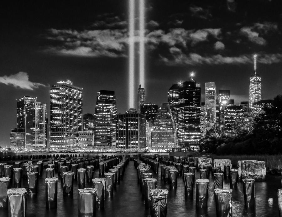 9/11 Tribute Lights - BW Photograph by Nick Zelinsky Jr