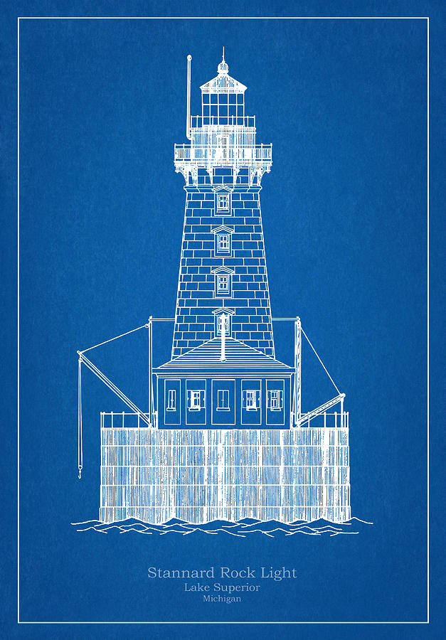 Stannard Rock Lighthouse Michigan blueprint drawing Drawing by