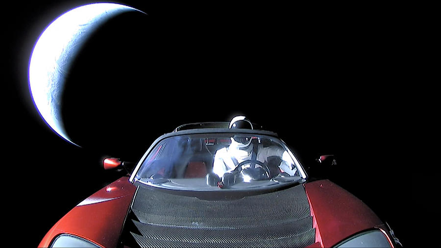 Starman In Tesla Roadster With Planet Earth traveling in the Space #9 Painting by Celestial Images