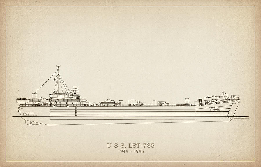 Vintage Drawing - U.S. Coast Guard U.S.S. LST 785 #9 by SP JE Art