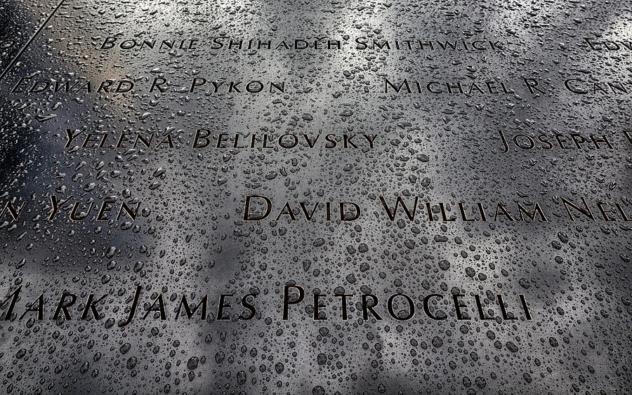911 Memorial Names and Raindrops - Lower Manhattan Photograph by Robert Ullmann