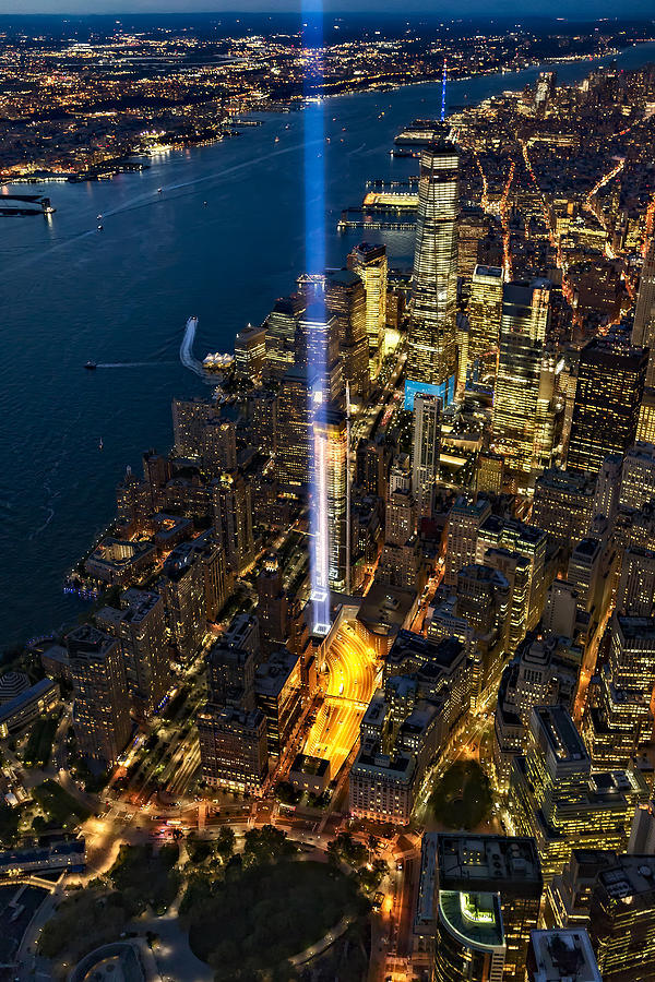 911 Tribute In Light NYC Aerial View Photograph by Susan Candelario