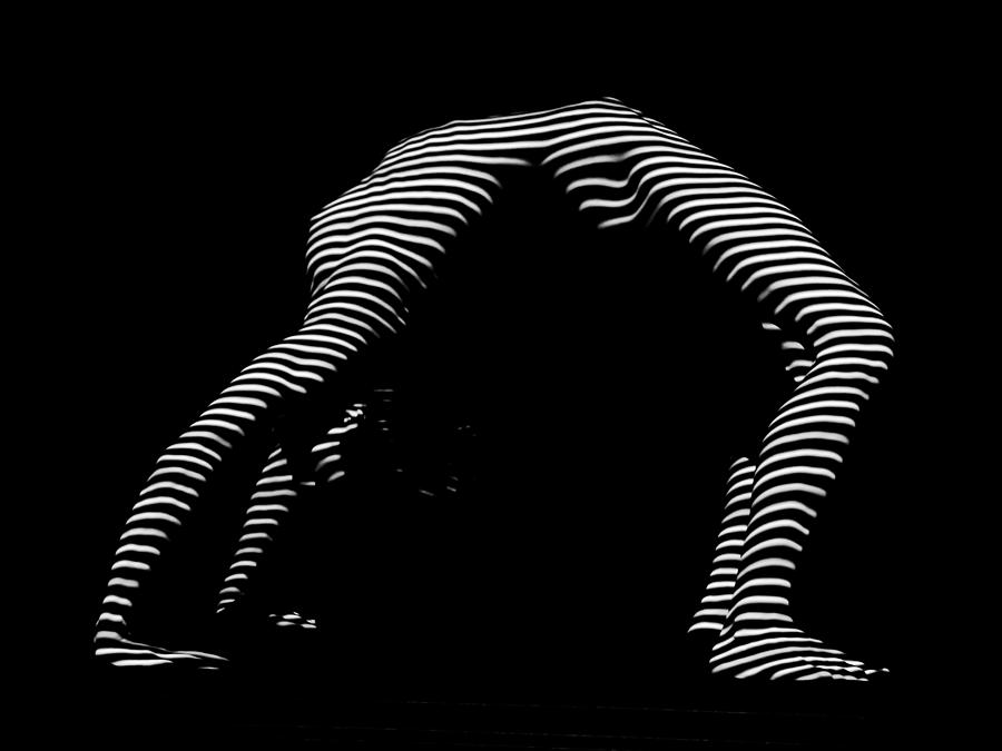 9454-DJA Back Bend Yoga Zebra Girl Striped Curves Black White Photograph by Chris Maher Photograph by Chris Maher