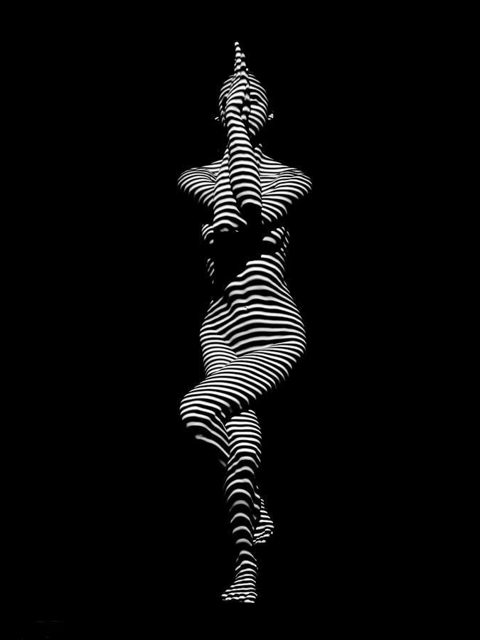 9486-DJA Yoga Woman Illuminated in Stripes Zebra Black White Absraction Photograph by Chris Maher Photograph by Chris Maher