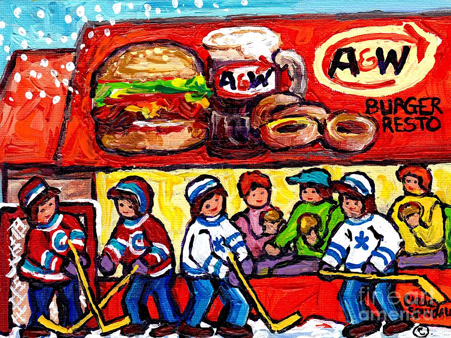 A And W Hamburgers And Root Beer Canadian Hockey Art Winter Scene Montreal Paintings Carole Spandau  Painting by Carole Spandau