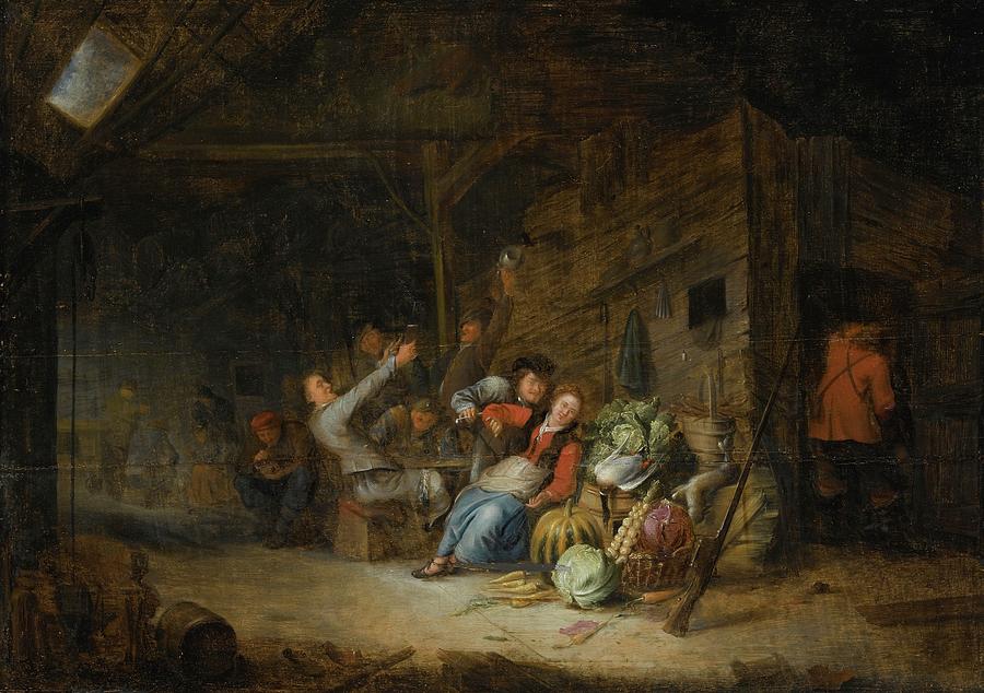 A Barn Interior With Figures Drinking Around A Table Painting