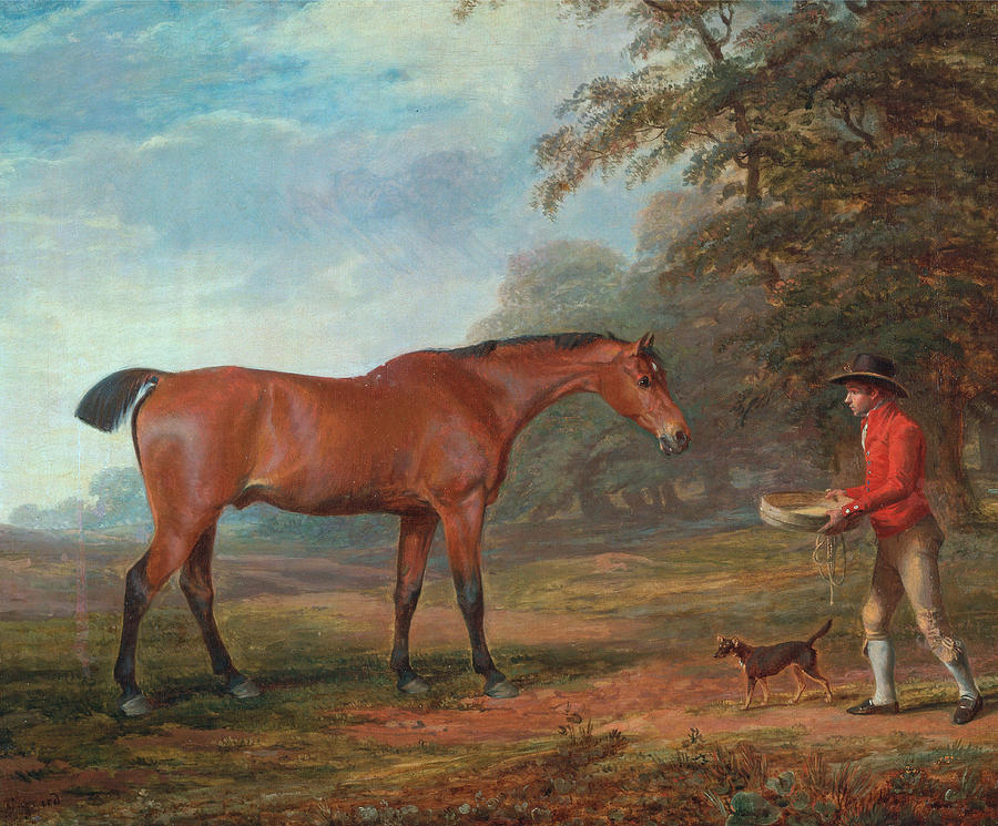 George Garrard Painting - A Bay Horse Approached by a Stable-Lad with Food and a Halter by George Garrard