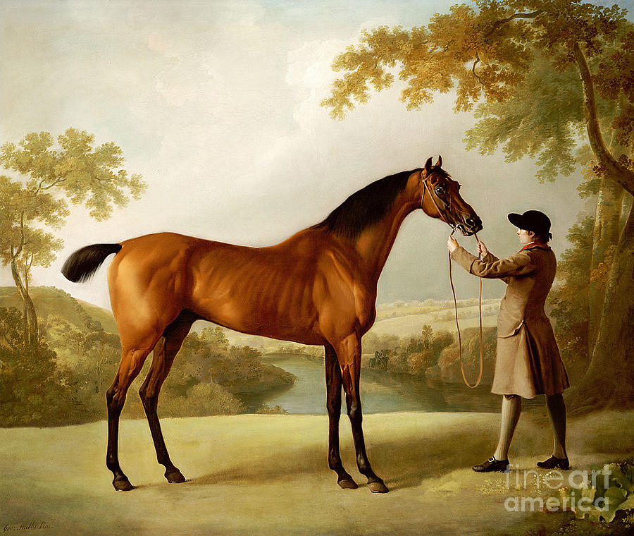 Landscape Painting - A Bay Racehorse Held by a Groom in an Extensive Landscape by George Stubbs