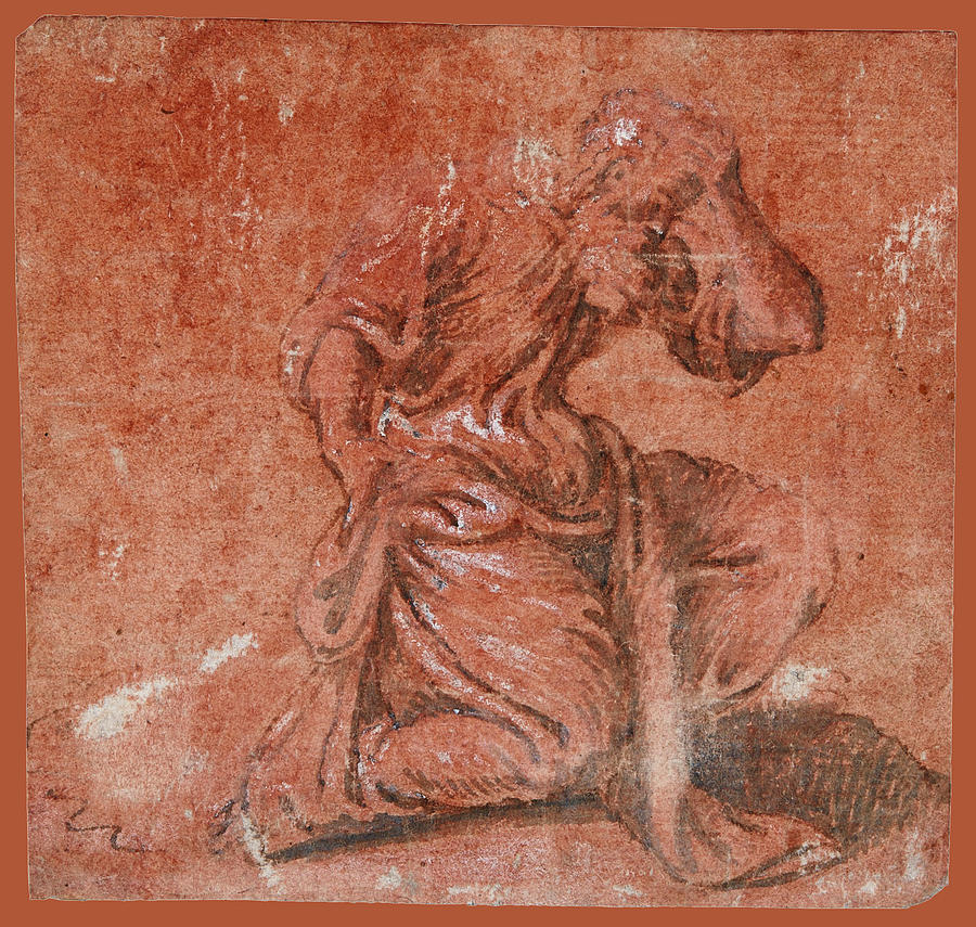A bearded Saint kneeling Drawing by Camillo Boccaccino