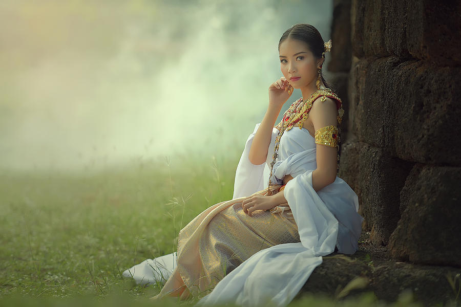 Beautiful woman with Vietnam culture traditional dress,traditional costume  ,vintage style,Vietnam Yoga Mat by Somchai Sanvongchaiya - Fine Art America