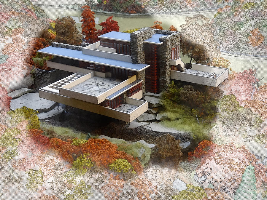 Architecture Digital Art - Fallingwater architecture drawing  #1 by Louis Ferreira