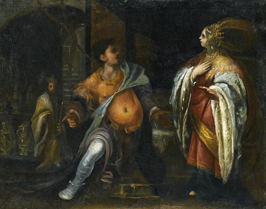 Beautiful Painting - A Biblical Subject probably Esther standing before Haman behind them King Ahasuerus by Cecco Bravo