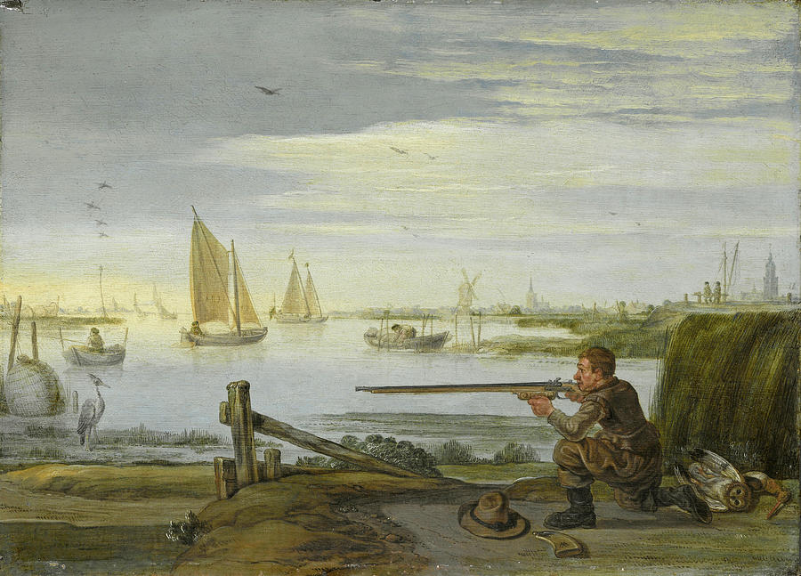 A Bird Hunter on a Riverbank Painting by Arent Arentsz