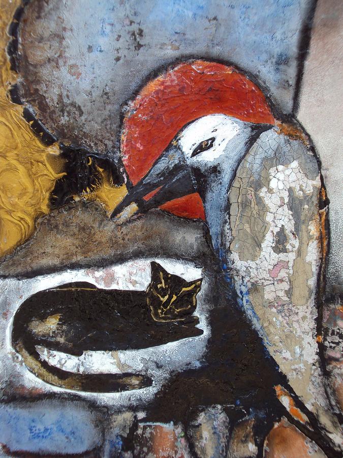 Cat Painting - A Black Cat and Old Tired Crow by Olga Dmytrenko Cat Painting - A Black Cat and Old Tired Crow by Olga Dmytrenko