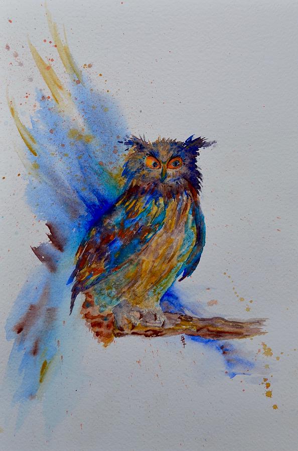 A Blue Mood Owl Painting by Beverley Harper Tinsley