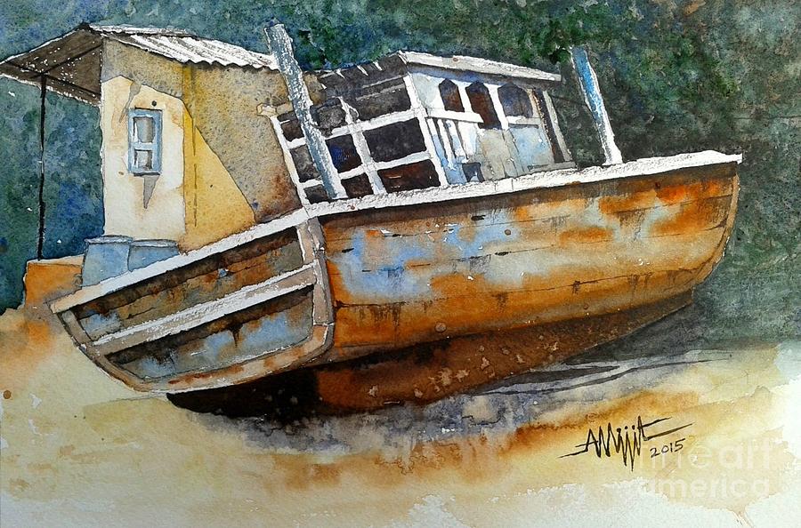 Watercolor Painting - A Boat by Abhijit Dharankar