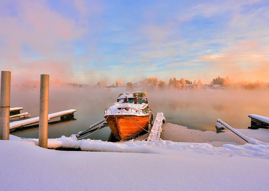 Nature Photograph -  Boat on frozen lake by Rose-Maries Pictures