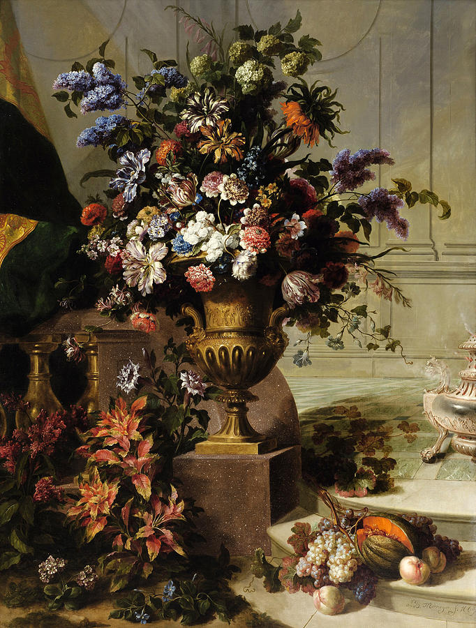 A bouquet of flowers in a gilded bronze urn on a porphyry base in an architectural setting Painting by Jean-Baptiste Monnoyer
