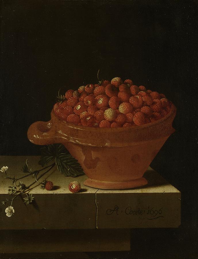A Bowl of Strawberries on a Stone Plinth Painting by Vincent Monozlay