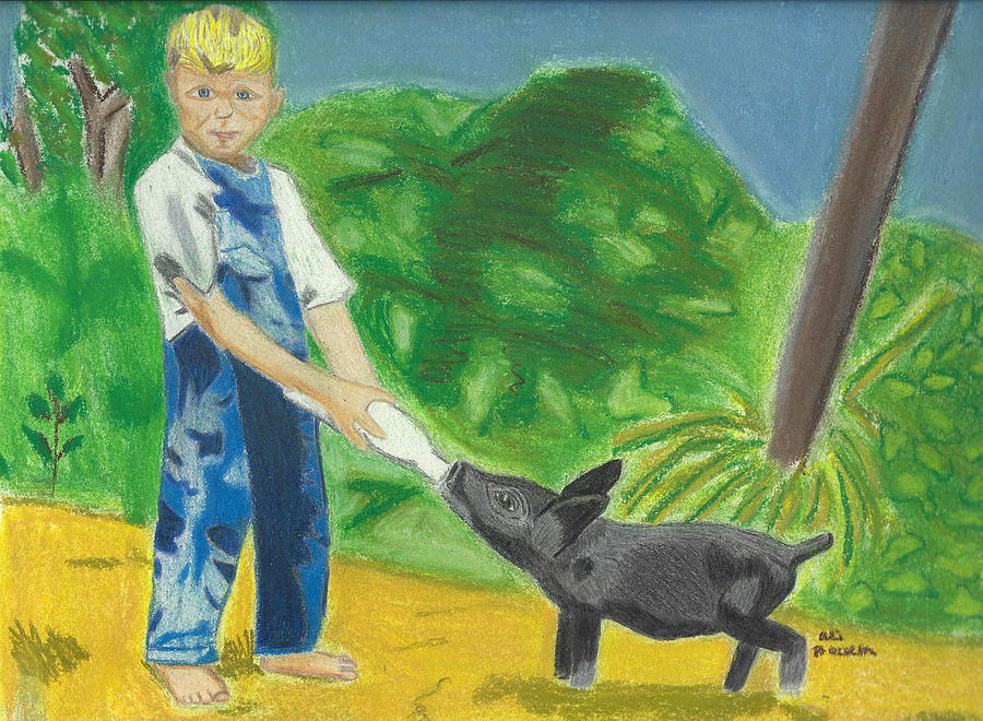 A Boy and his Pig Drawing by Ali Baucom