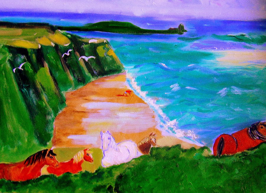 A breezy day at Rhosilli Bay Painting by Rusty Gladdish