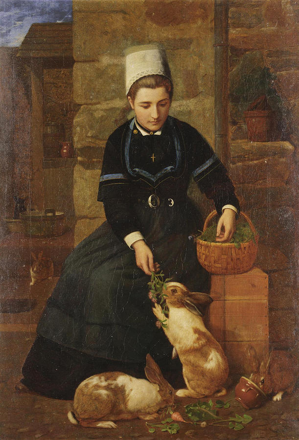 A Breton Girl with Rabbits Painting by James Collinson