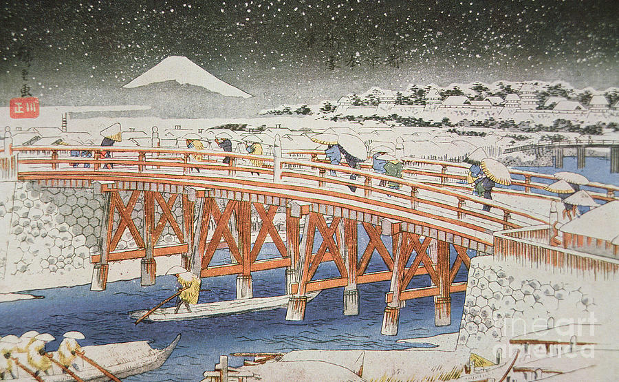 Winter Painting - A Bridge in Yedo with Mount Fuji in the Background by Hiroshige