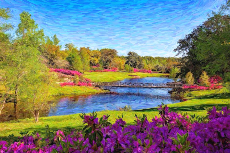 A Bridge On The River Among Trees Red Purple Flowers And Blue Sky Painting By Mustapha Dazi