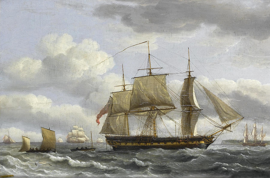 A British frigate backing her sails as she heaves to approaching Torbay with other ships of the flee Painting by Thomas Luny