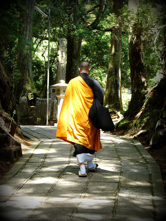 Nature Photograph - A buddist monk walking toward Okunoin Temple by Alberto Bizzini