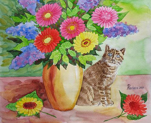 Flower Painting - A Bunch of Flowers and a Curious Cat by Natalia Piacheva
