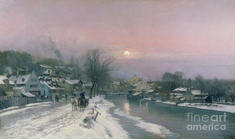 Winter Painting - A Canal Scene in Winter  by Anders Anderson Lundby