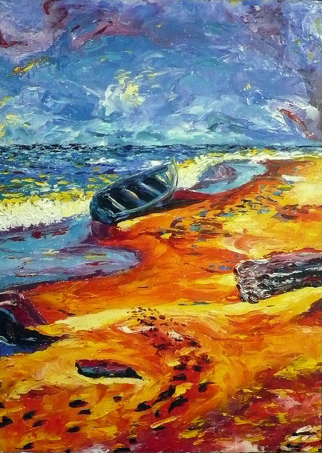 Landscape Painting - A canoe at the beach by Ericka Herazo