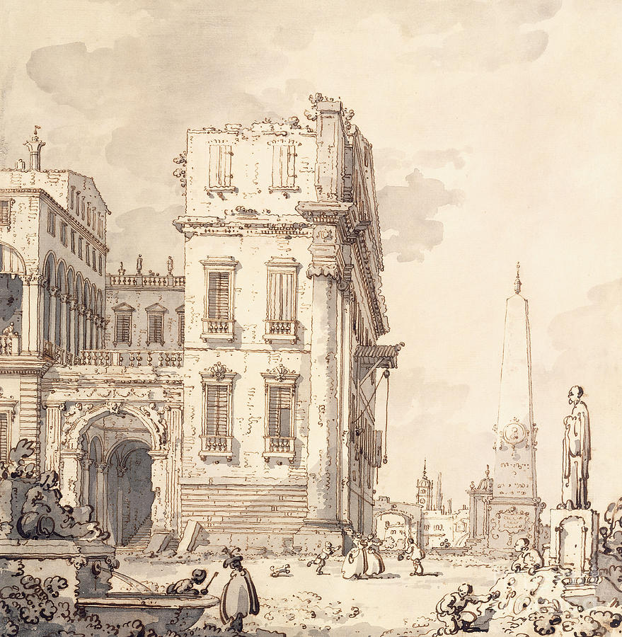 A capriccio of a Venetian Palace Overlooking a Piazza with an Obelisk