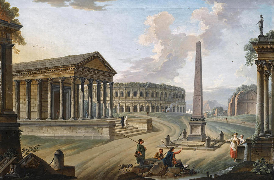 A Capriccio with Roman monuments in Nimes, Painting by Charles-Francois Lacroix de Marseille