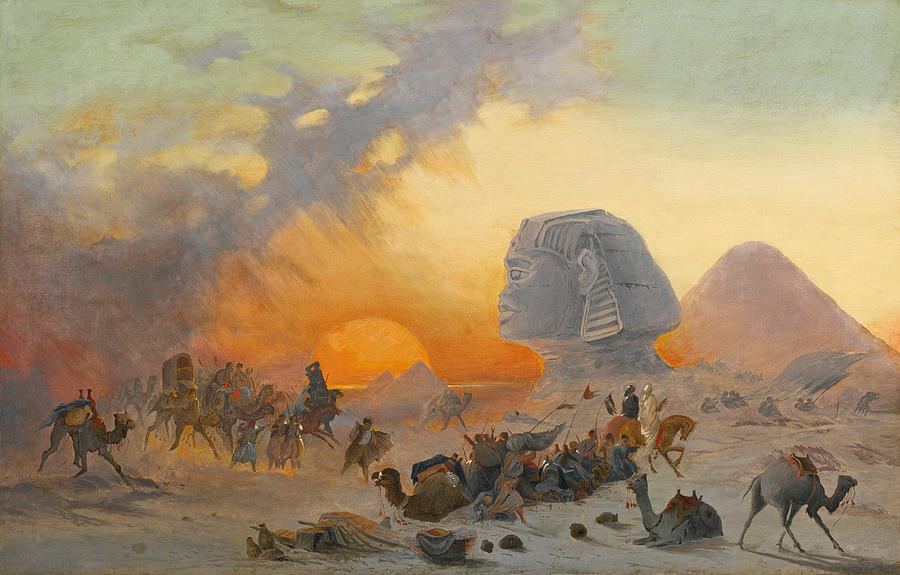 A Caravan fleeing from a Desert Simoom near the Sphinx Painting by Ippolito Caffi