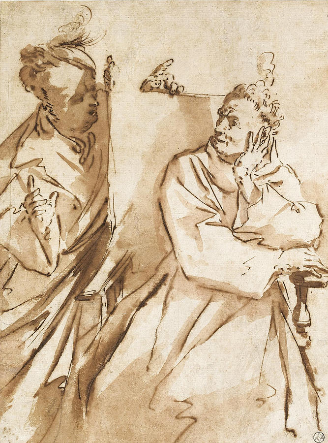 A  caricature of a seated prelate conversing with another man Drawing by Giovanni Antonio Burrini