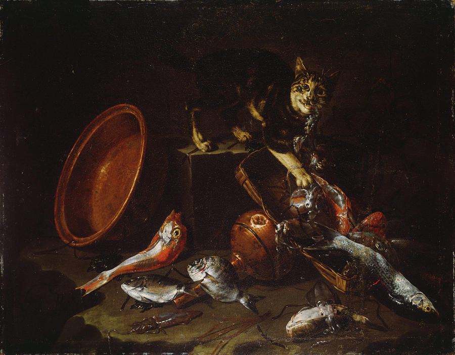 A Cat Stealing Fish Painting by Giuseppe Recco
