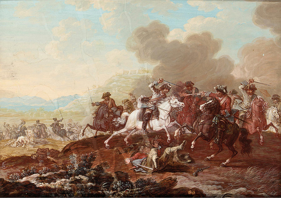 A Cavalry Skirmish Drawing by Attributed to Georg Philipp Rugendas