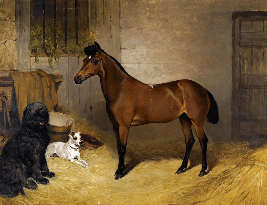 A Chestnut Horse with a Sheepdog and Terrier in a Stable Painting by John Charlton
