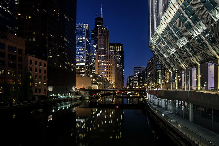 A Chicago River and Skyline at blue hour Photograph by Sven Brogren