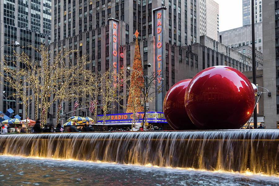 A Christmas Card from New York City - Two Giant Red Balls and Radio City Music Hall Photograph by Georgia Mizuleva